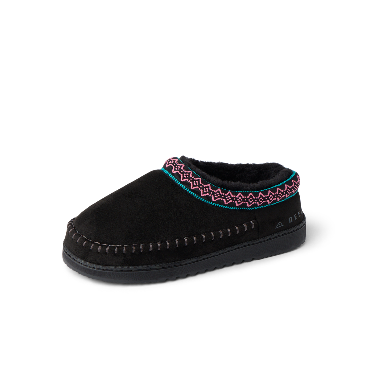 Indie Slipper black slipper facing left with cushioned footbed and patterned trim for everyday comfort