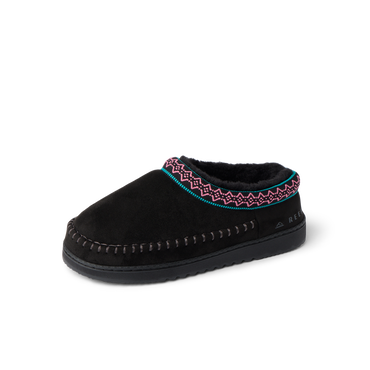 Indie Slipper black slipper facing left with cushioned footbed and patterned trim for everyday comfort