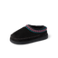 Indie Slipper black slipper facing left with cushioned footbed and patterned trim for everyday comfort