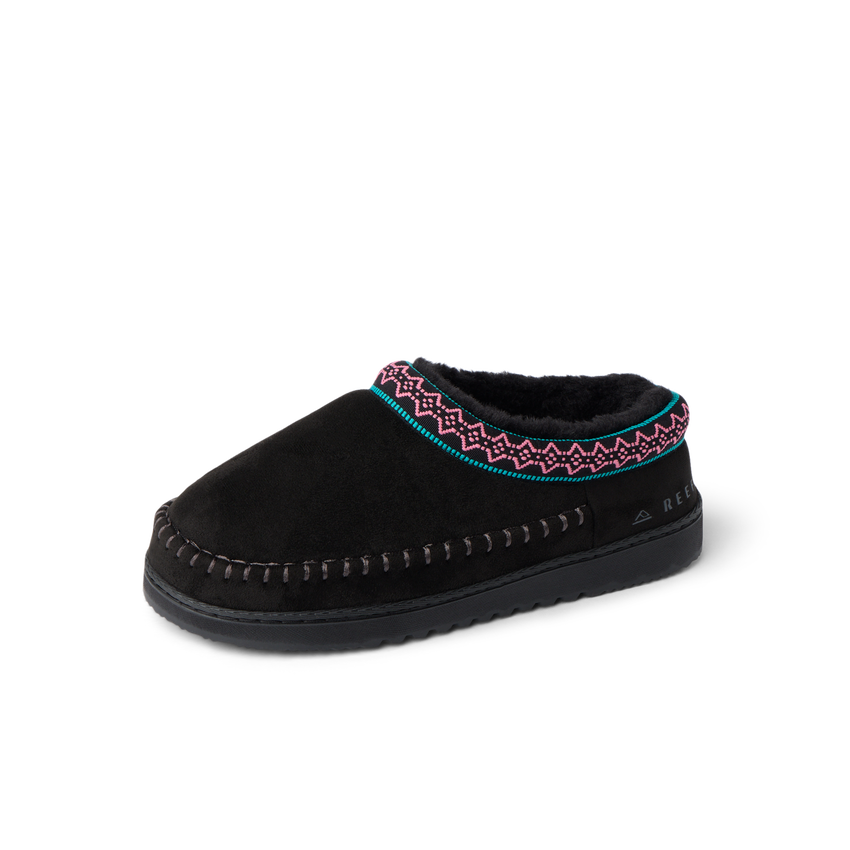 Indie Slipper black slipper facing left with cushioned footbed and patterned trim for everyday comfort