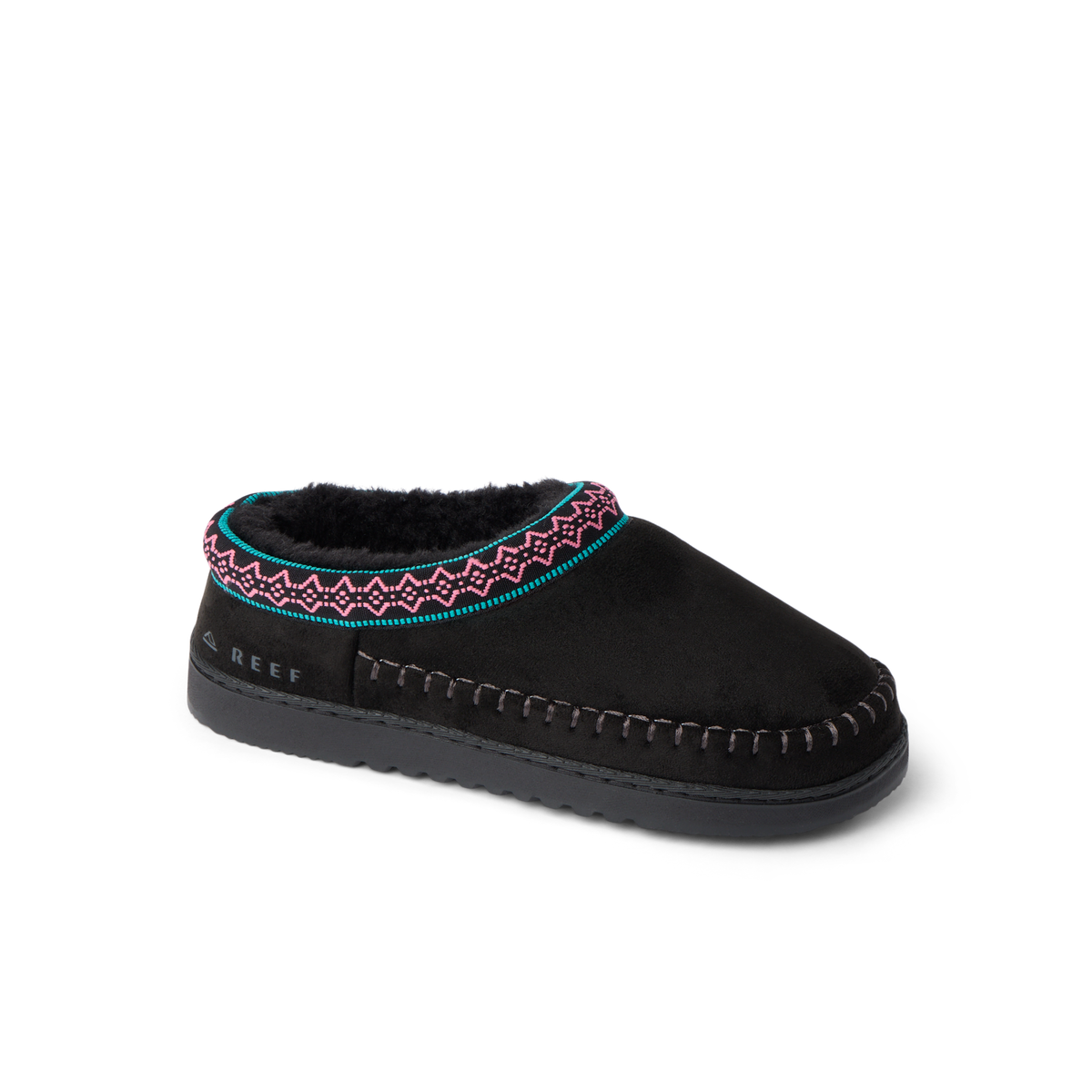 Indie Slipper black slipper facing right with patterned trim and soft cushioned sole