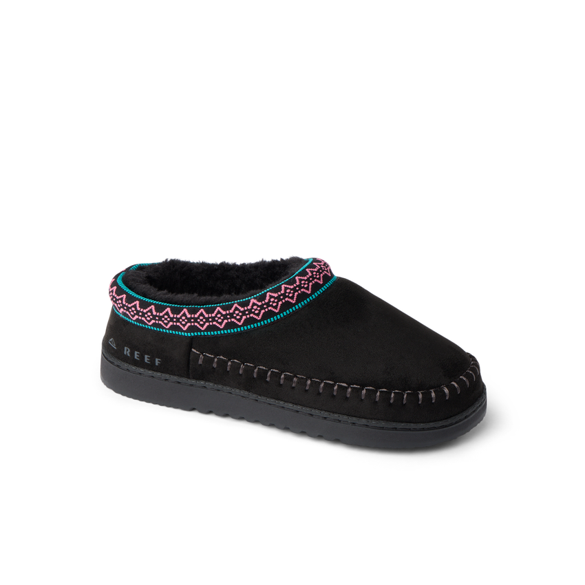 Indie Slipper black slipper facing right with patterned trim and soft cushioned sole
