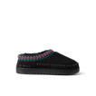 Indie Slipper black slipper facing right with patterned trim and cushioned lightweight sole