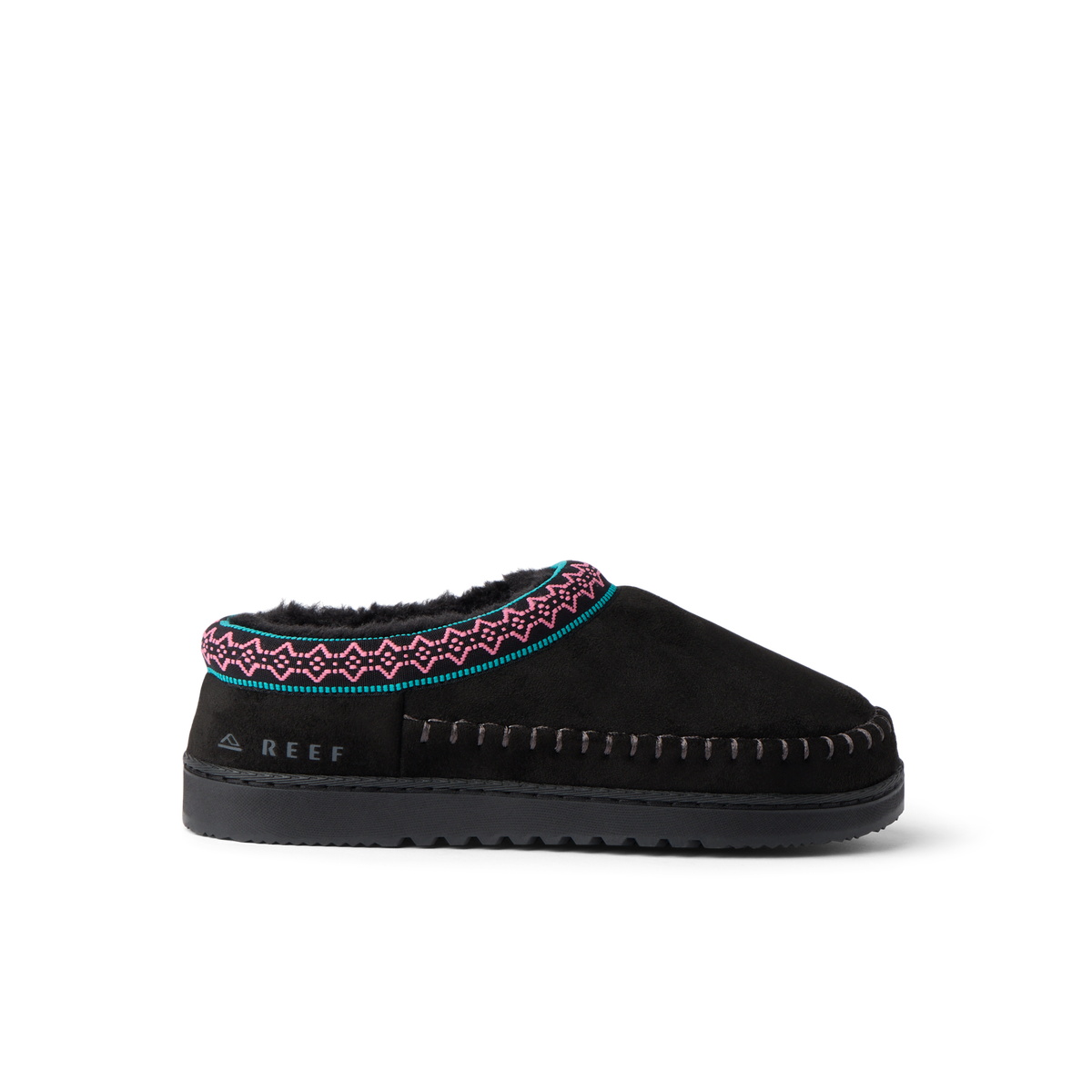 Indie Slipper black slipper facing right with patterned trim and cushioned lightweight sole