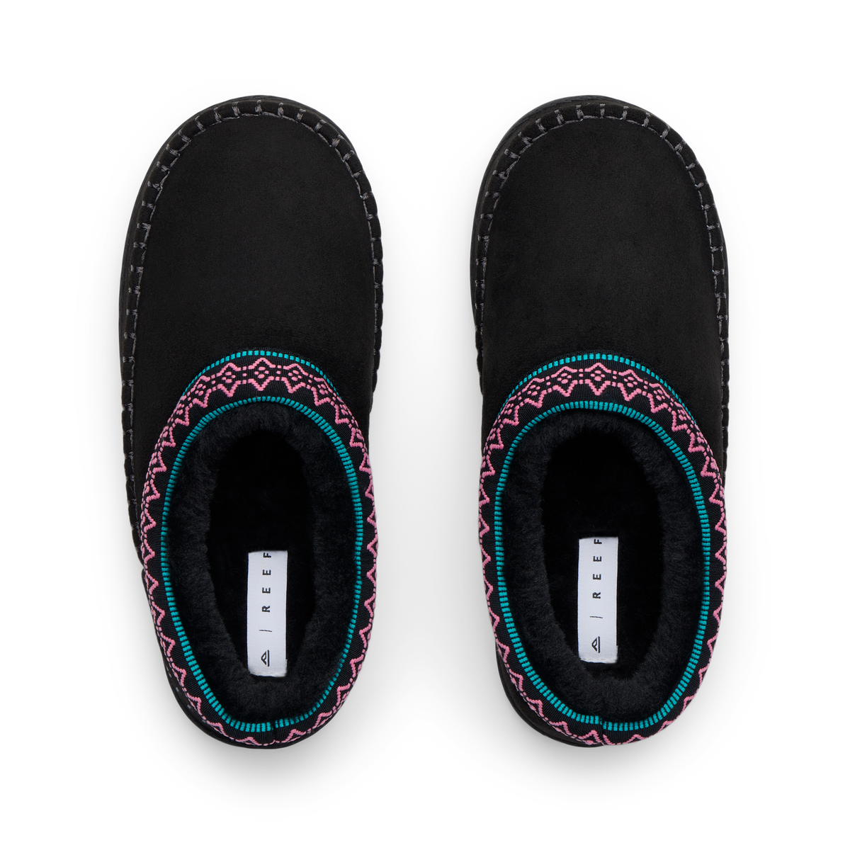 REEF Indie Slipper pair viewed from above, toes facing upward, with patterned trim and cushioned footbeds