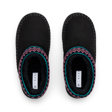 REEF Indie Slipper pair viewed from above, toes facing upward, with patterned trim and cushioned footbeds