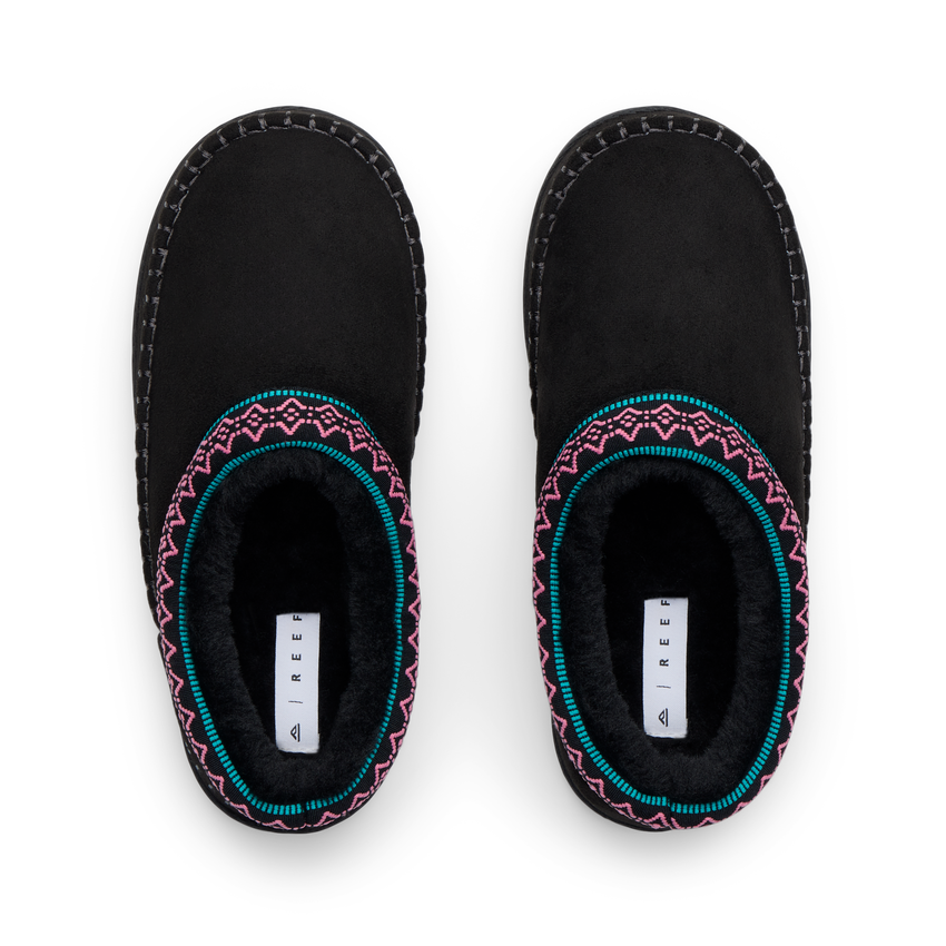 REEF Indie Slipper pair viewed from above, toes facing upward, with patterned trim and cushioned footbeds