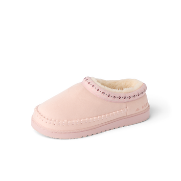 Indie Slipper facing left, showing its cushioned toe, stitched side, and soft fleece lining