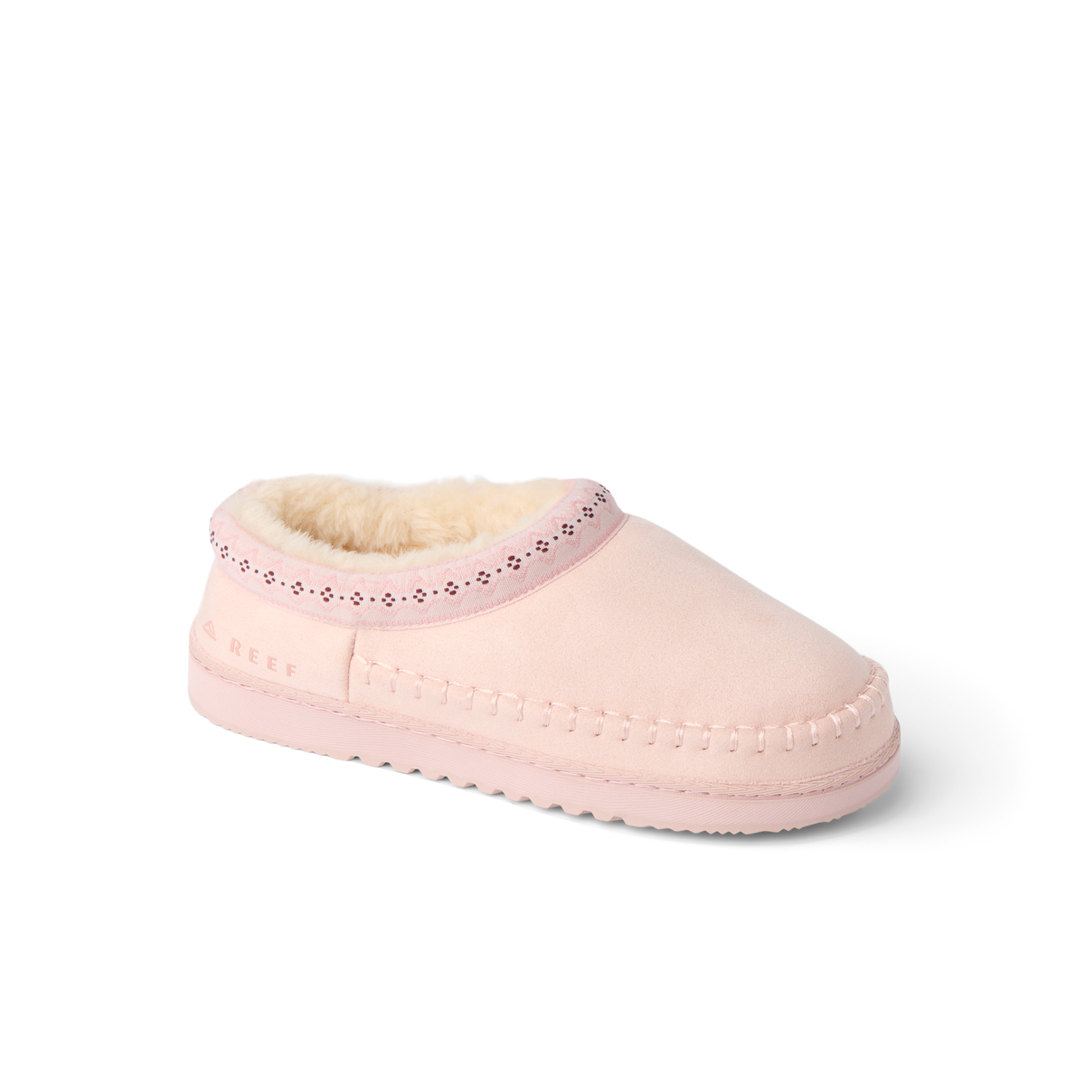 Indie Slipper in pink facing right with plush lining and cushioned lightweight sole