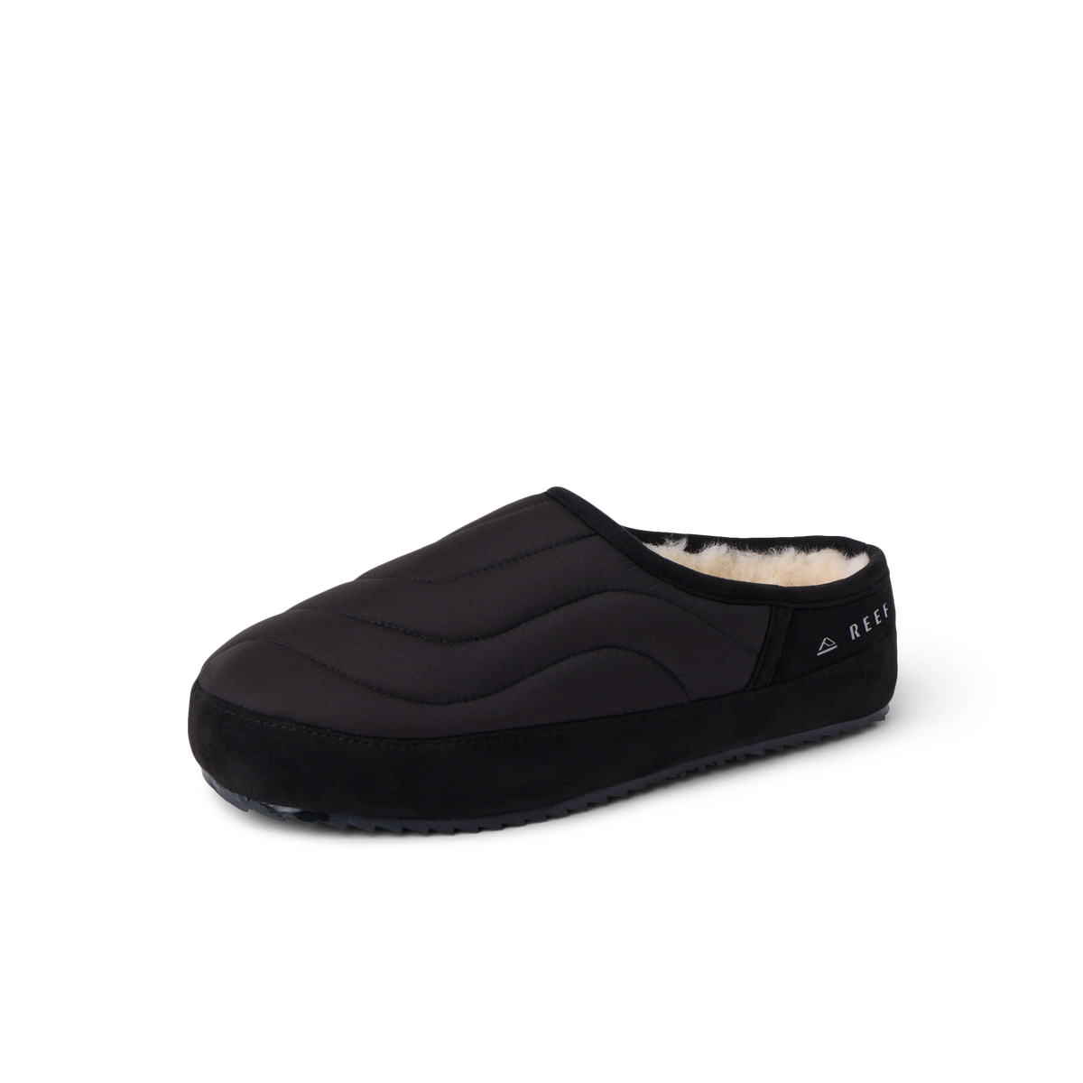 Willa Slipper facing left with a quilted black upper and plush faux fur lining