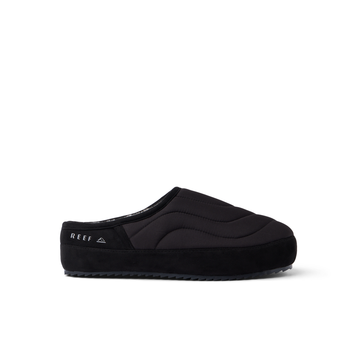 REEF Willa Slipper in black facing right with quilted upper and cushioned sole