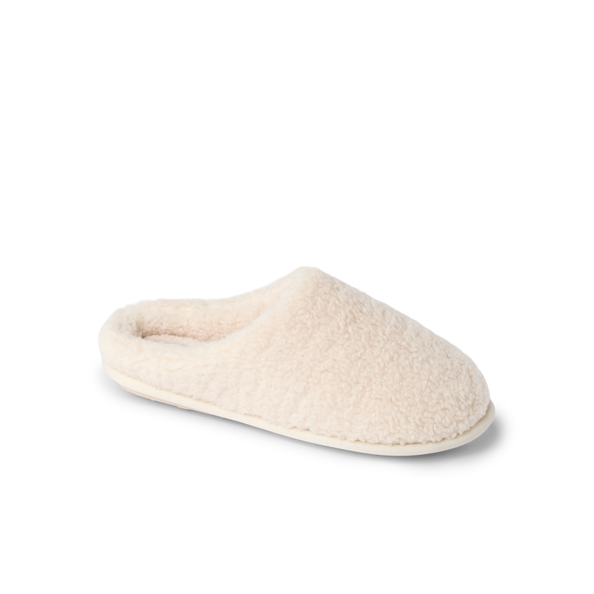 Daydream Slipper cream faux shearling mule facing right with open heel and cozy cushioned comfort