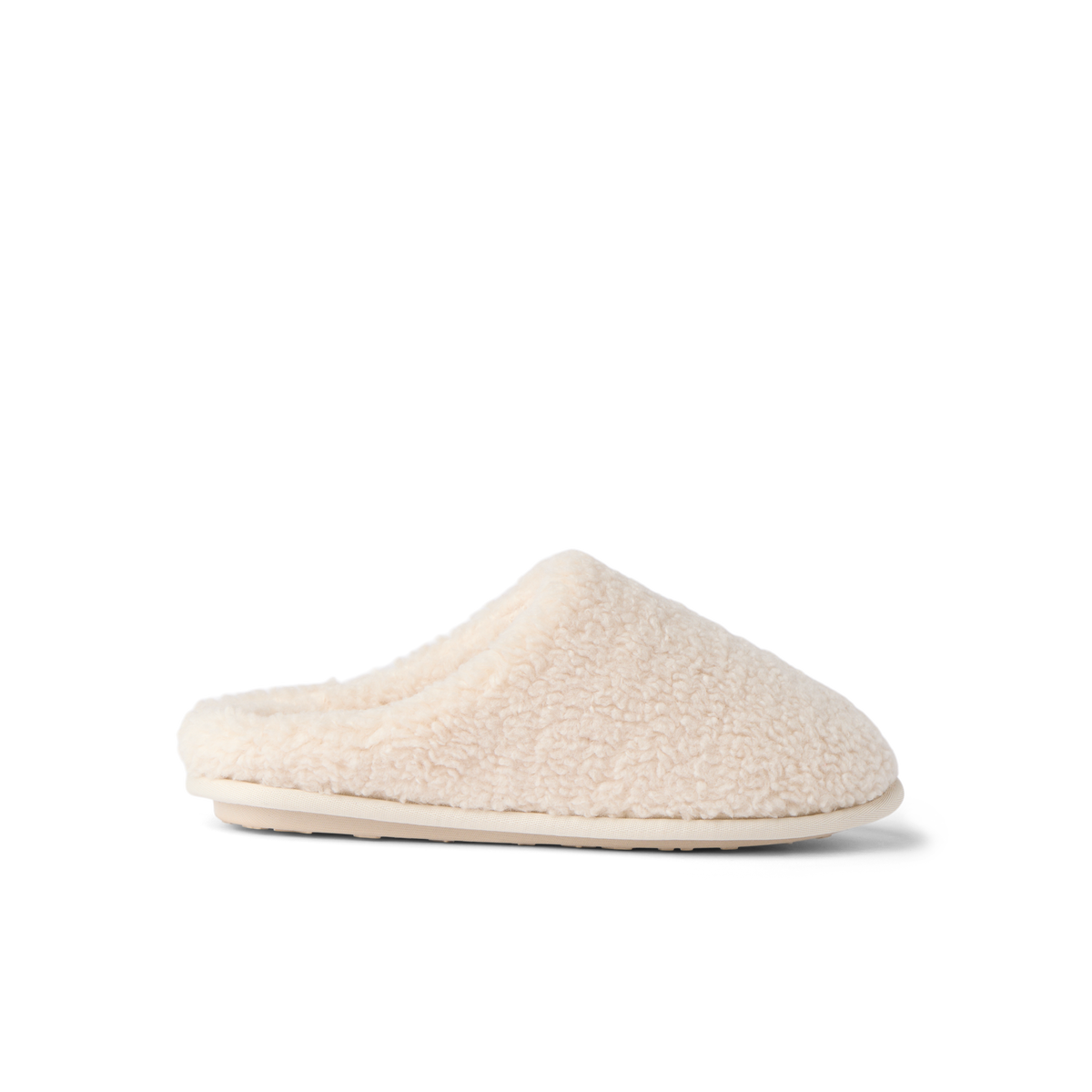 Daydream Slipper in soft faux shearling, side view facing left, cozy mule for everyday comfort at home