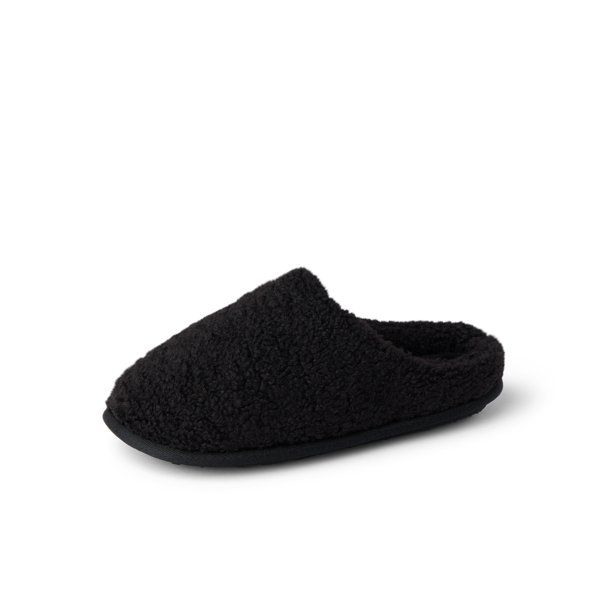 Daydream Slipper black faux shearling mule facing left with a cozy open heel and cushioned sole