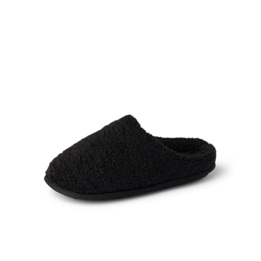 Daydream Slipper black faux shearling mule facing left with a cozy open heel and cushioned sole
