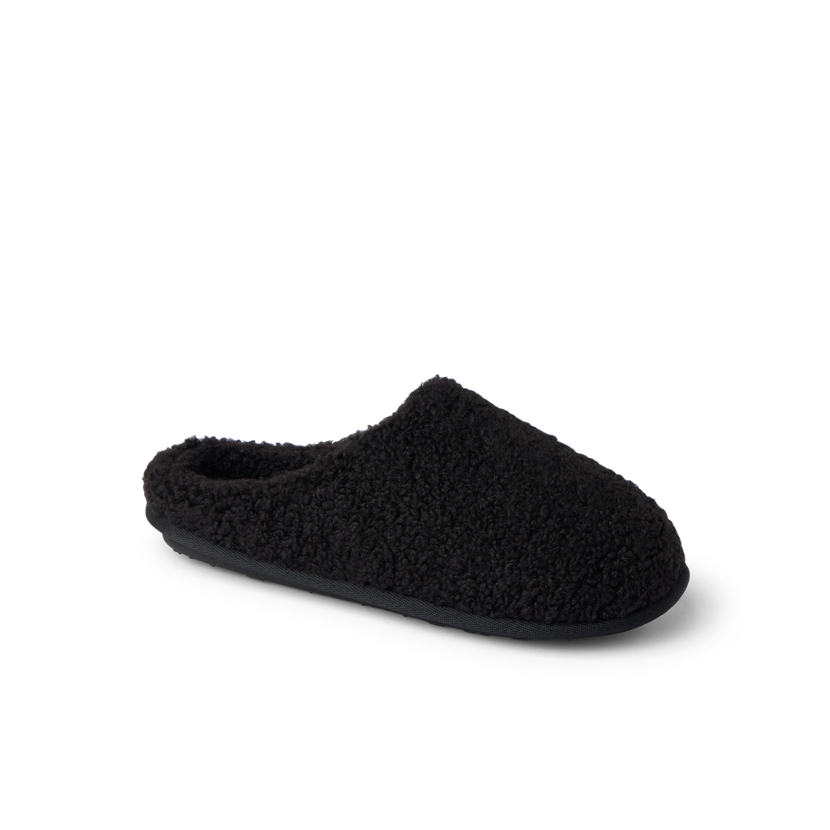 Daydream Slipper in black faux shearling shown facing right for cozy everyday comfort