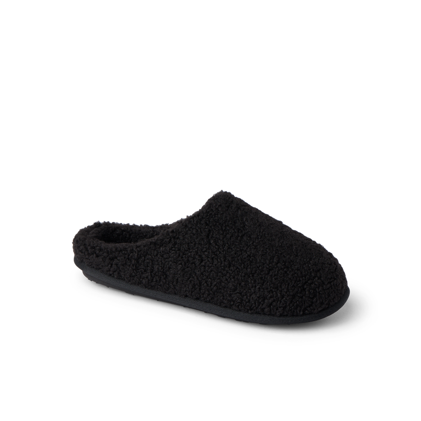 Daydream Slipper in black faux shearling shown facing right for cozy everyday comfort