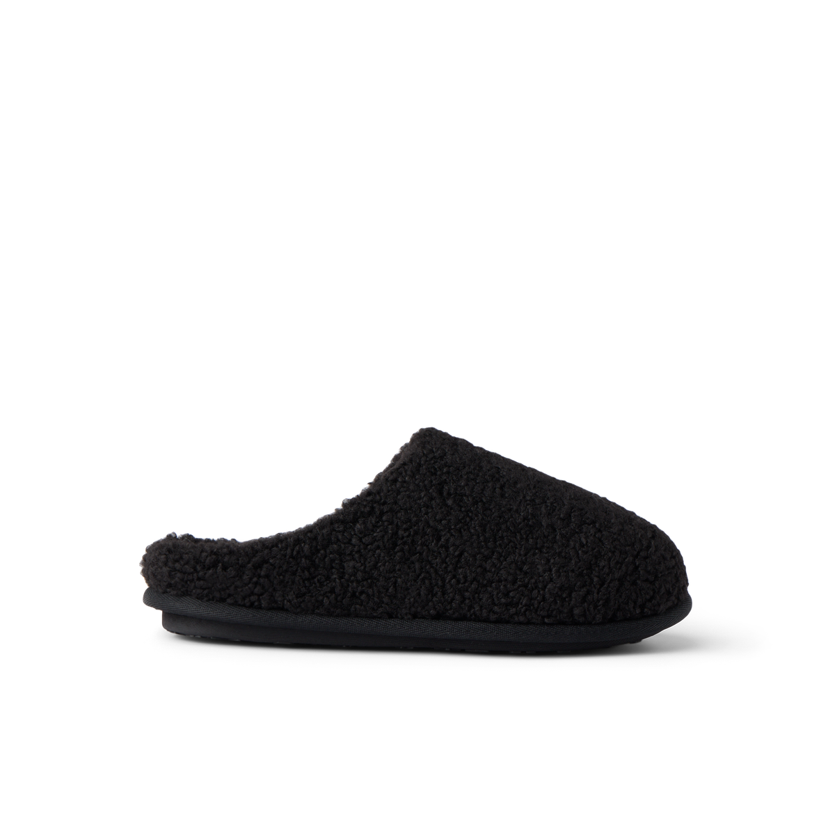 Daydream Slipper black faux shearling mule facing right for cozy everyday comfort