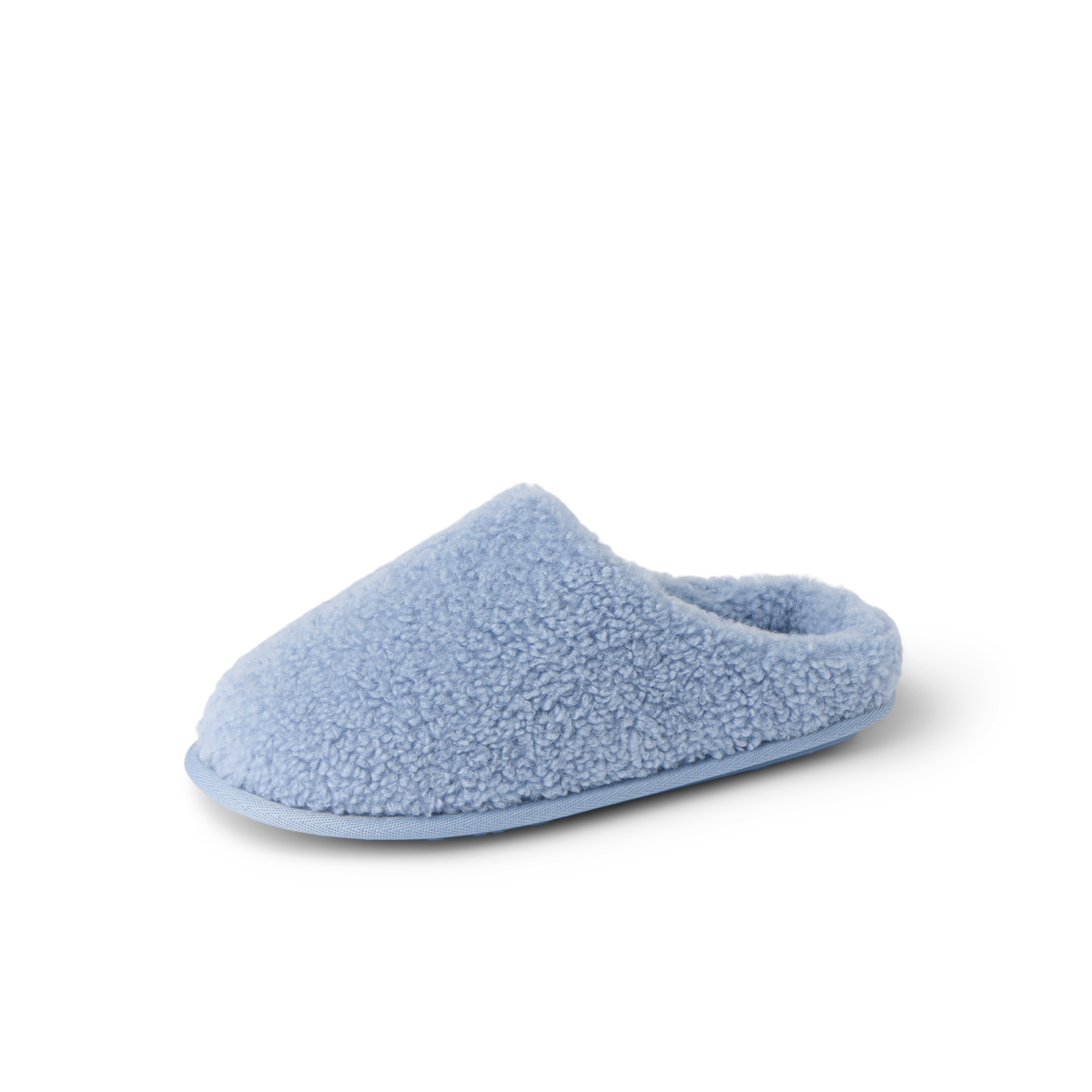 Daydream Slipper in soft faux shearling, facing left, side view with open heel and cushioned footbed