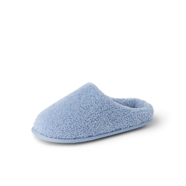 Daydream Slipper in soft faux shearling, facing left, side view with open heel and cushioned footbed
