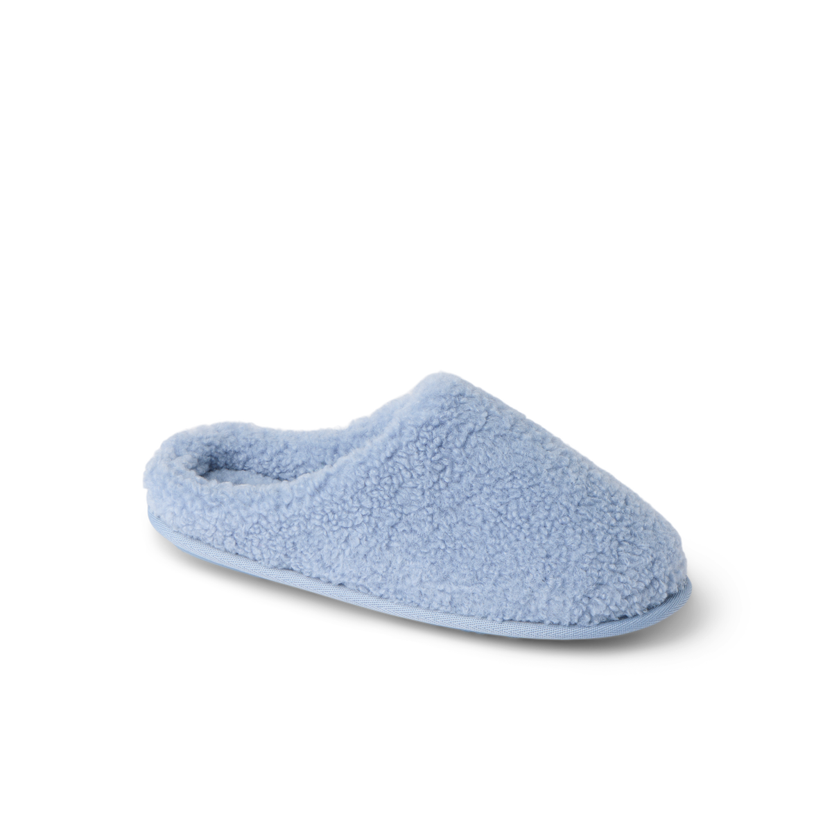 Daydream Slipper in blue faux shearling, toe facing right, cozy mule for everyday comfort at home