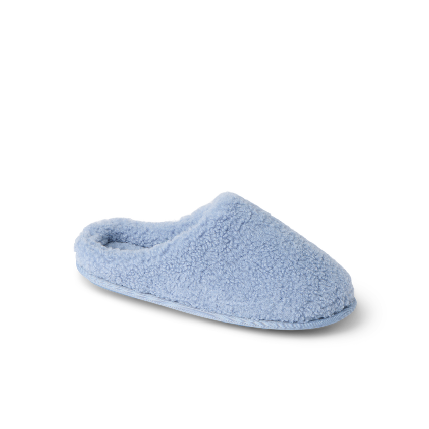 Daydream Slipper in blue faux shearling, toe facing right, cozy mule for everyday comfort at home