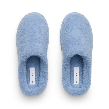 Daydream Slipper pair viewed from above with toes facing upward and soft blue faux shearling lining
