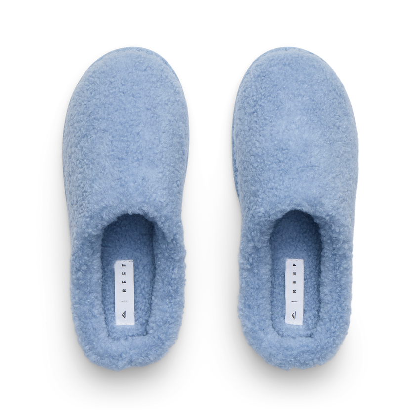 Daydream Slipper pair viewed from above with toes facing upward and soft blue faux shearling lining