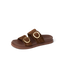 Vista Daphne slide sandal facing right, close-up of brown suede straps with gold buckles, arch support style.