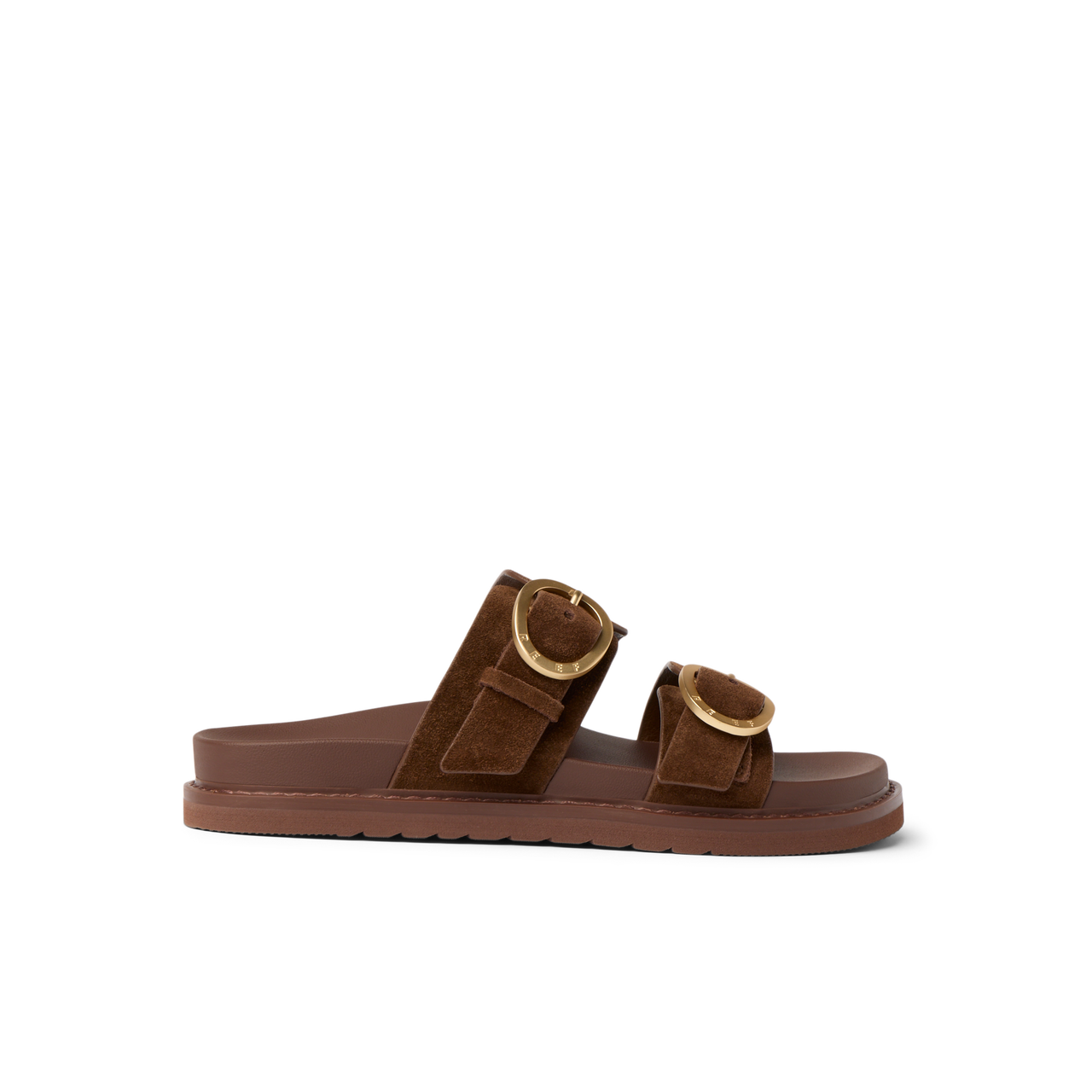 Vista Daphne slide sandal facing right, chocolate suede with adjustable buckles, arch support for all-day beach comfort.