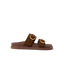 Vista Daphne slide sandal facing right, chocolate suede with adjustable buckles, arch support for all-day beach comfort.