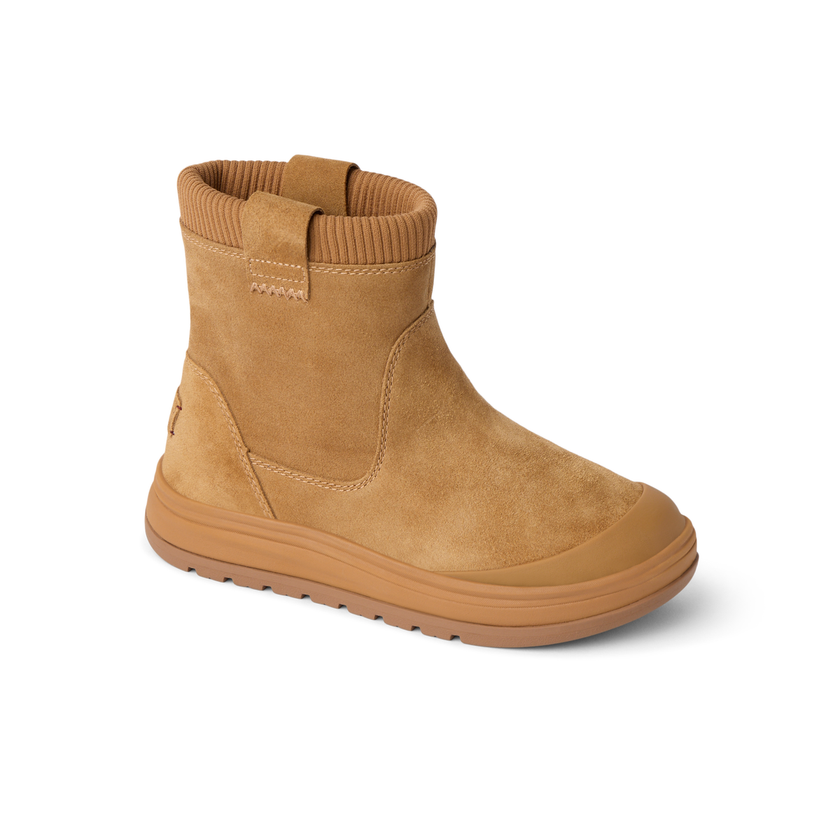 Campfire Ember tan ankle boot facing right with cushioned sole and ribbed collar