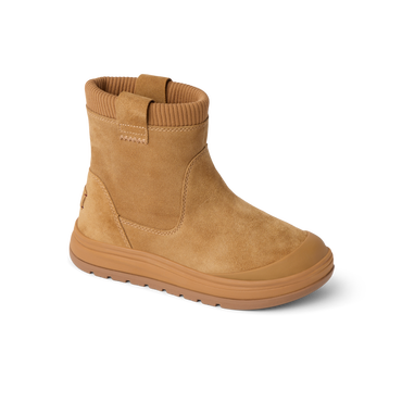 Campfire Ember tan ankle boot facing right with cushioned sole and ribbed collar