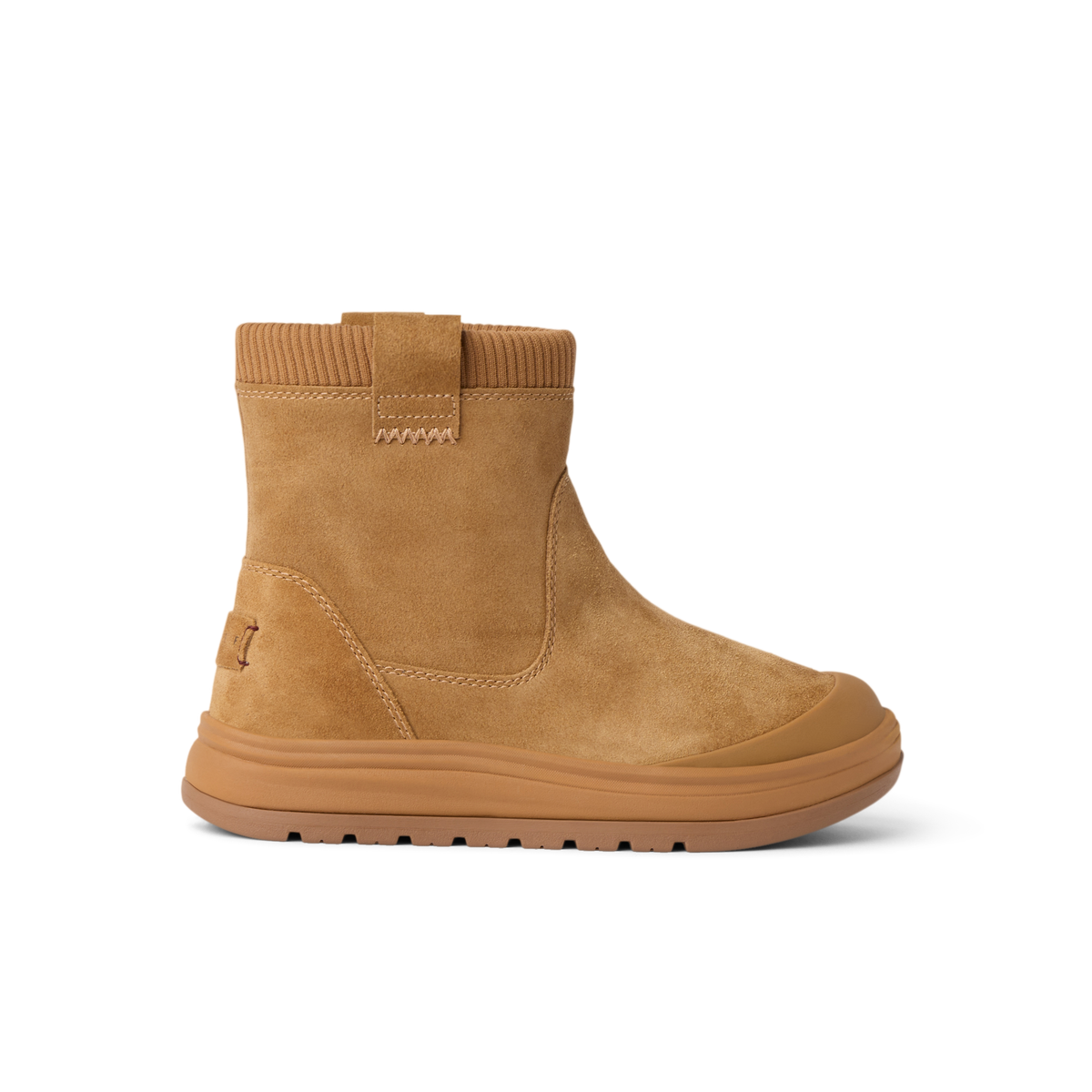 Campfire Ember boot facing right in side view with a cushioned sole and durable suede upper