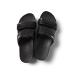 Top-down view of black Cushion Vista Hi women's sandals facing forward with cushioned footbeds and textured straps