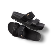 Cushion Vista Hi women's black slide sandals angled side and top view with soft cushioning and arch support