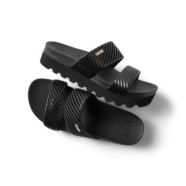 Cushion Vista Hi women's black slide sandals angled side and top view with soft cushioning and arch support