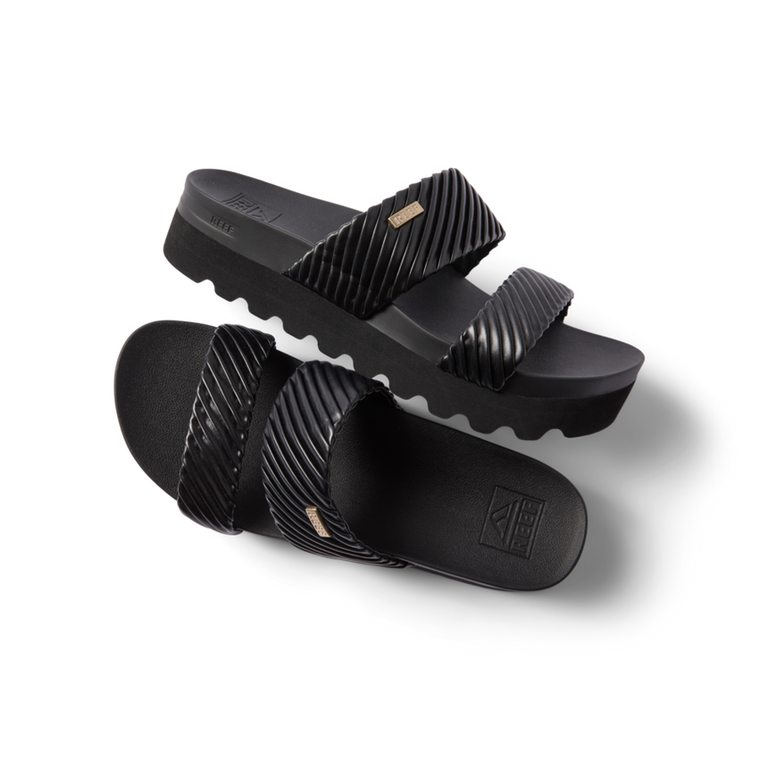Cushion Vista Hi women's black slide sandals angled side and top view with soft cushioning and arch support