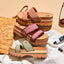 Three pairs of Cushion Vista Higher sandals facing right with platform soles and soft-rebound cushioning for comfort.