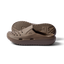 Pair of brown Glider slides facing left showing side profile and sole with water-friendly perforations and arch support.