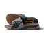 Close-up of tan and spruce slides facing right showing cushioned footbed, textured sole, and anatomical arch support design