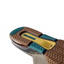 Close-up of slide sole facing upward showing multi-textured tread, REEFLEX foam cushioning, and blue and tan rubber grip sections