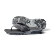 Fanning men's grey flip flop facing left, close-up on sole and cushioned footbed with anatomical arch support.