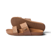 Side view of women's Cushion Vista sandals in tan with stud accents, showing soft footbed and durable outsole for beach comfort.