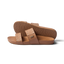 Side view of women's Cushion Vista sandals in tan with stud accents, showing soft footbed and durable outsole for beach comfort.