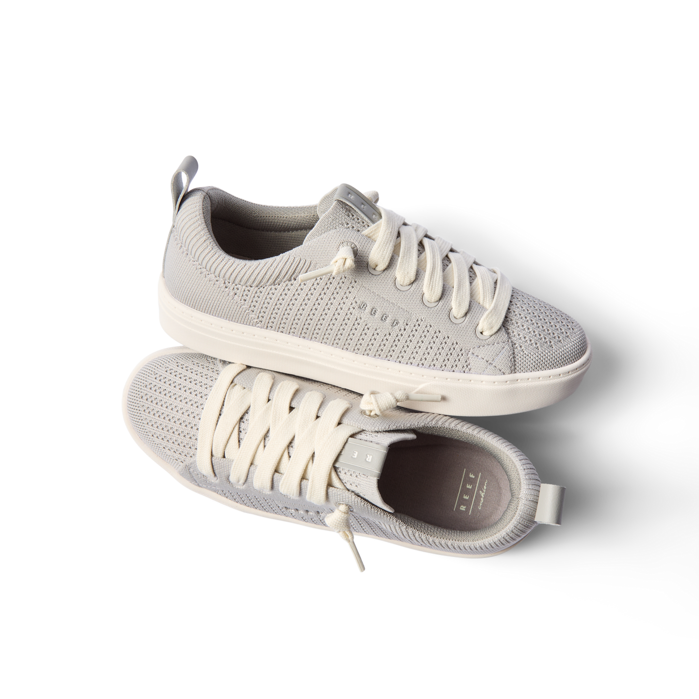 Lay Day Lite women's light gray sneakers top and side views showing knit upper, cushioned sole, and anatomical arch support