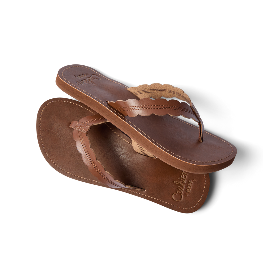 Reef Cushion Celine women’s sandals in chocolate brown, top and side view showing cushioned footbed and arch support.