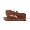Pair of Reef Cushion Celine sandals in chocolate brown, left facing, showing sole tread and scalloped straps close-up.