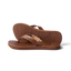 Pair of Reef Cushion Celine sandals in chocolate brown, left facing, showing sole tread and scalloped straps close-up.