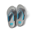 Top view of Cruiser men's grey and aqua flip flops with anatomical arch support and soft cushioning for beach comfort